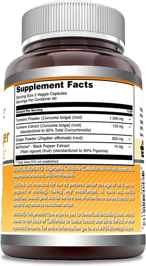 Amazing Formulas Turmeric Curcumin & Ginger with BioPerine 2250 mg Per Serving Veggie Capsules | Non-GMO | Gluten Free | Made in USA | Ideal for Vegetarians (180 Count)