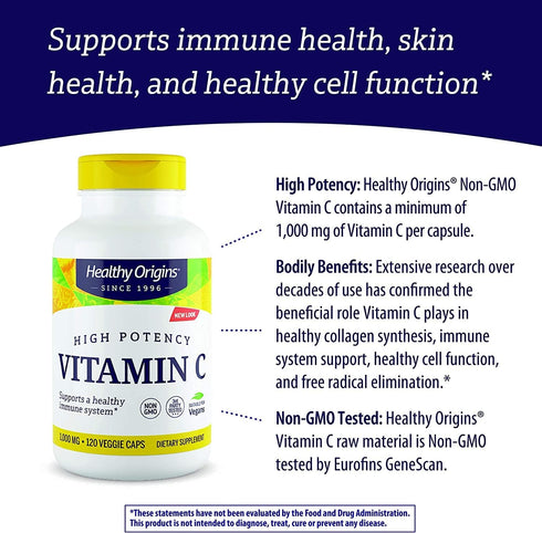 Healthy Origins Vitamin C, 1,000 mg, Vegan Vitamin C for Immune Support, 360 Veggie Capsules