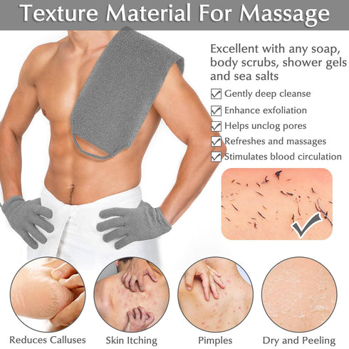 Anezus Exfoliating Back Scrubber Bath Gloves Set - Exfoliating Shower Towel with Gloves for Body Scrub (Grey)