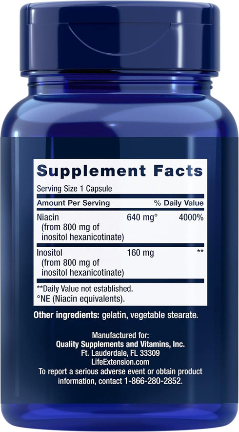 Life Extension No Flush Niacin, B3 for heart health, cholesterol & energy support, non-GMO, gluten-free, 100 capsules