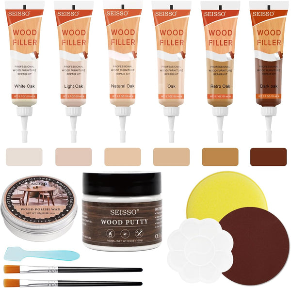 Natural Oak Wood Furniture Repair Kit - 6 Colors Wood Filler with Wood Putty, Polish Wax for Tables, Doors, Floors,