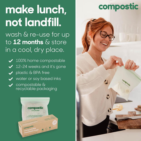 Home Compostable Resealable Sandwich Bags (7"x7"), 100 Count, Microwave & Freezer Safe Food Storage