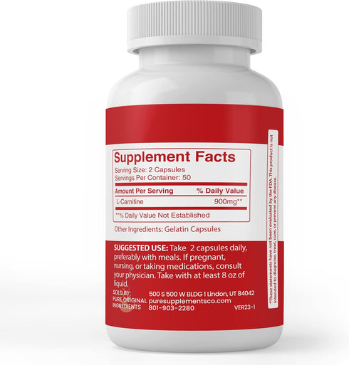 PURE ORIGINAL INGREDIENTS L-Carnitine, (100 Capsules) Always Pure, No Additives or Fillers