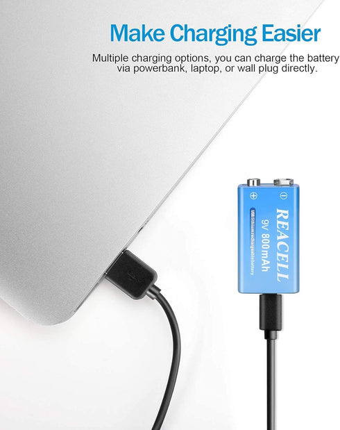 2 Packs Rechargeable 9V Lithium Batteries, 9 Volt Batteries for Smoke Detector, 800mAh 9V USB Charging for Microphones,