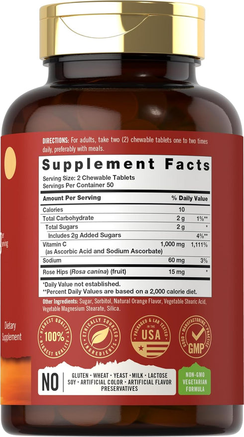 Carlyle Vitamin C Chewables | 1000mg | 100 Tablets Natural Orange Flavor | Vegetarian, Non-GMO & Gluten Free Supplement | Tahoe Nutritionals