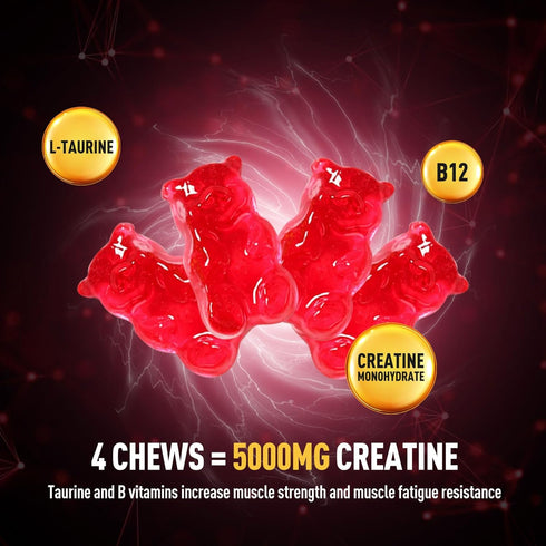 Creatine Monohydrate Gummies, 5g for Women & Men, L-Taurine, B12, Creatine Chews for Muscle Growth, Mixed Berry Flavor,