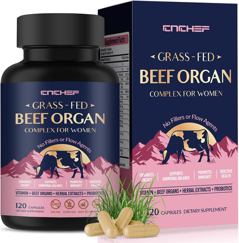 Raised,120 Beef Organ Supplement for Women, Beef Liver, Kidney, Heart & Uterus Tissue, with Multivitamins, Folate