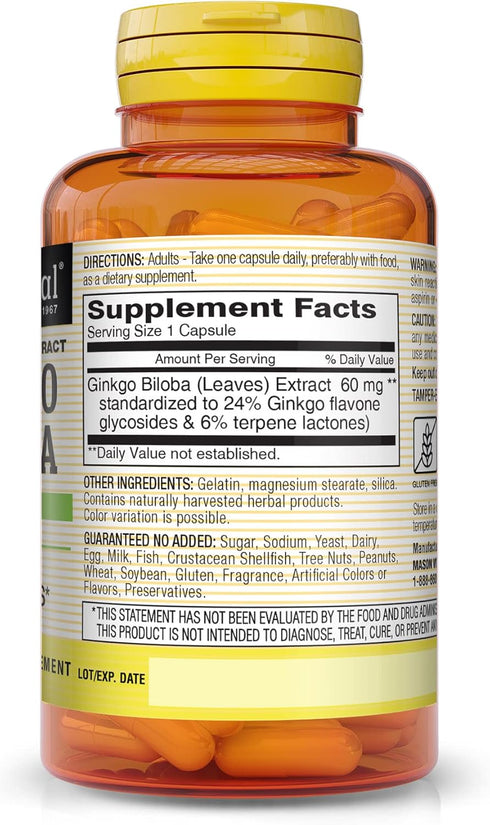 MASON NATURAL Ginkgo Biloba - Improve Mental Alertness, Supports Optimal Brain Function, Herbal Supplement, 60 Capsules