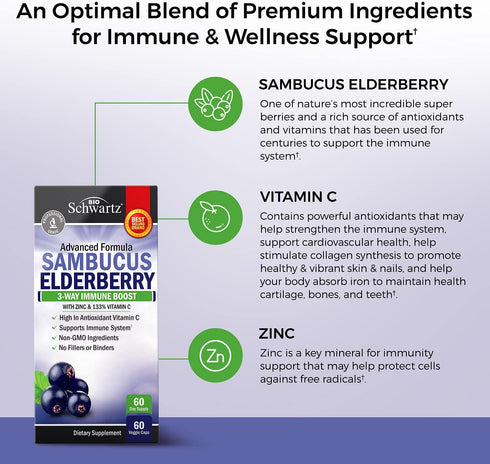 Immune Immune 60 Count Elderberry Capsules with Zinc and Vitamin C for Adults - Support Vitamins for Women and Men