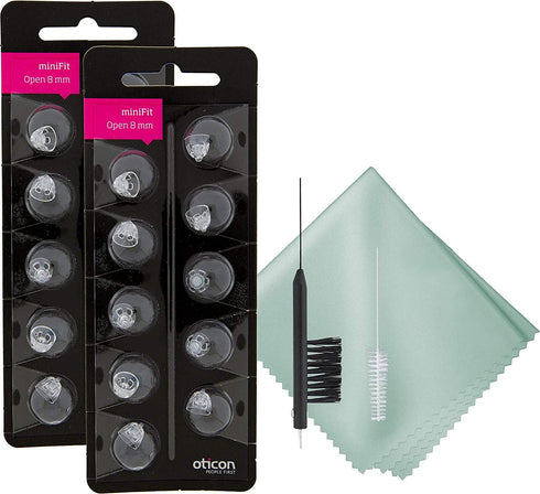 Oticon Minifit Open 8mm Dome Piece with Hearing Aid Cleaning Brush, Vent Tool, Microfiber Cloth (2 Packs, 20 Domes)