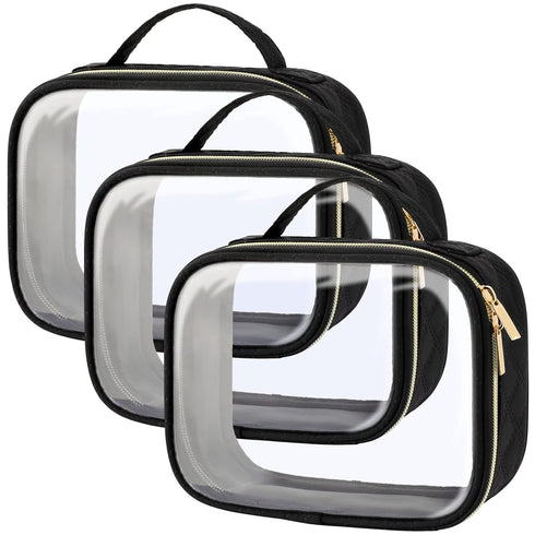 PACKISM 3 Pack TSA Approved Clear Toiletry Bag, Large Opening Makeup Bags, Quart-sized Travel Essentials, Black