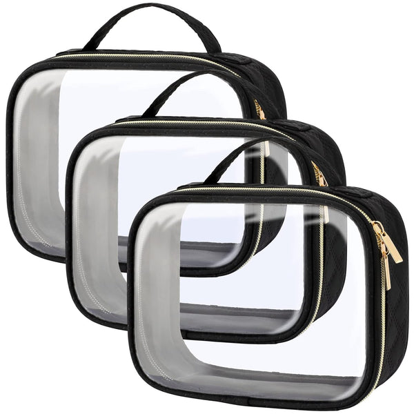 PACKISM 3 Pack TSA Approved Clear Toiletry Bag, Large Opening Makeup Bags, Quart-sized Travel Essentials, Black