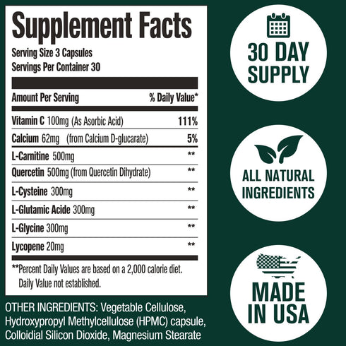 PurityWell 500mg, 90 Full-Body Support Supplement with Quercetin Vitamin C & L-Cysteine Supports Respiratory, Liver