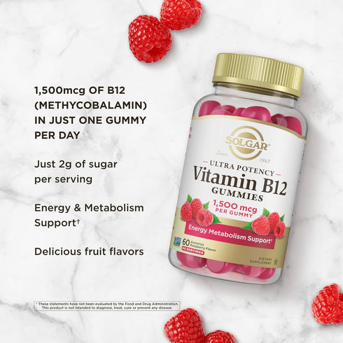 Solgar Methyl B12 Gummies for Adults - 60 Servings, 1,500mcg Ultra Potency Vitamin for Energy & Metabolism Support,
