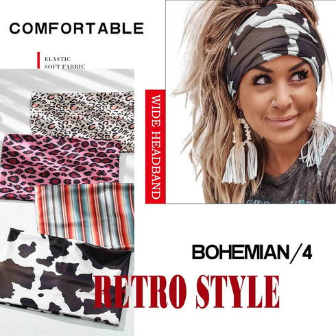 Olbye Boho Headbands for Women, Wide Turban Elastic Nonslip Hairbands for Workout Yoga Running (H- Leopard)