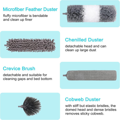 12pcs Microfiber Dusters with Extension Pole (Stainless Steel) 30 to 100'', Washable, Bendable Long Feather Duster for
