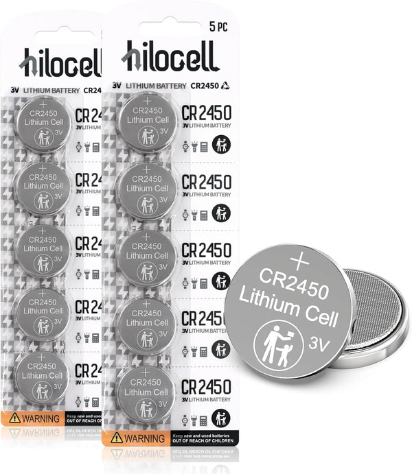 10 Count CR2450 Batteries, Long-lasting 3V Lithium Coin Cell Battery for Key Fobs, Flameless Candles, etc.