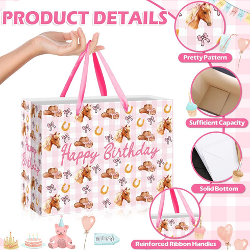 Nefrayd Cowgirl Gift Bag, Pink Western Gift Bag with Card and Tissue Paper, Western Theme Birthday Party Decorations