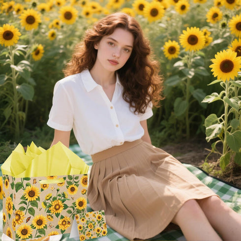 SUNDECO Large Sunflower Gift Bag with Yellow Tissue Paper and Greeting Card, Sunflower Wrapping Paper for Women, Girl