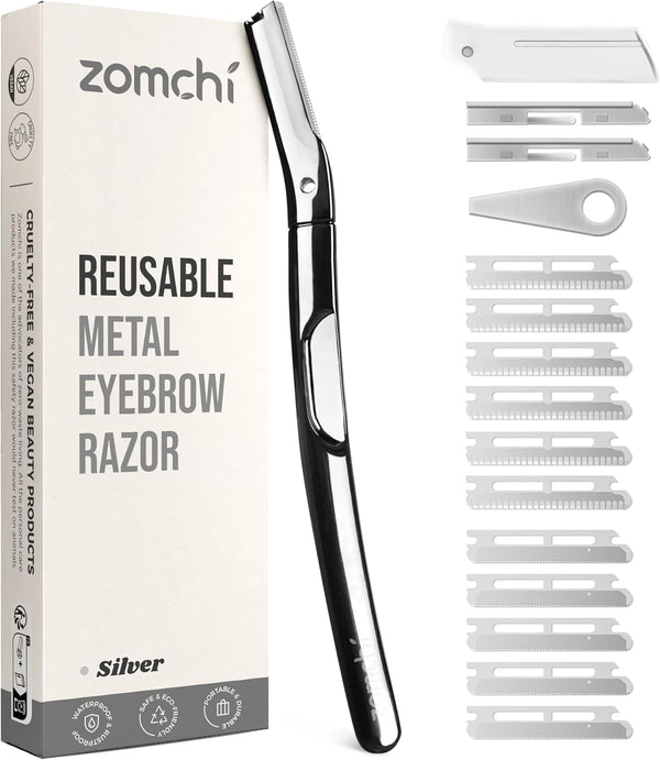 ZOMCHI Eyebrow and Face Razor for Women & Men, Reusable Metal Handle, 11 Refill Blades, Protective Silicone Cap
