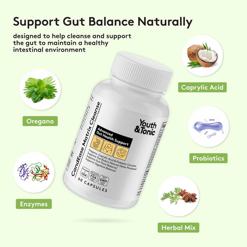 Youth & Tonic CandEase Cleanse Matrix, Gut Health Support with Probiotics, 60 Pills for Women & Men