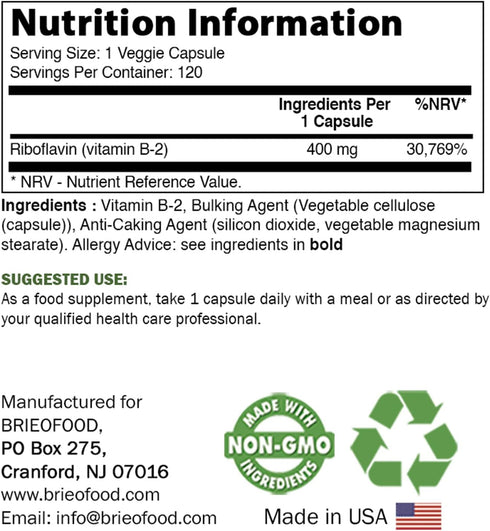 Brieofood Vitamin B2 (Riboflavin) 400mg, 120 Veggie Capsules - Gluten Free, Non-GMO