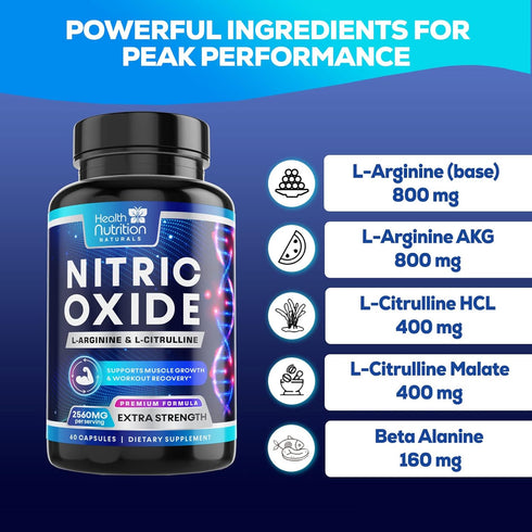 Extra Strength Nitric Oxide Supplement, L Arginine 3X Strength, 60 Capsules for Energy & Strength