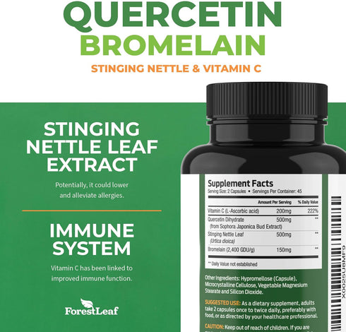 ForestLeaf Quercetin with Bromelain - 1350mg Blend with Vitamin C & Stinging Nettle, 180 Veggie Capsules