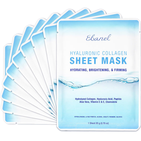 Ebanel 10 Pack Collagen Face Mask - Instant Brightening & Hydrating Sheet Mask with Aloe Vera, Anti Aging