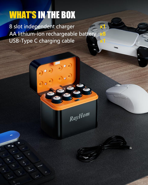 RayHom 8-Pack 1.5V 3400mWh 8-Slot Rechargeable Lithium aa Batteries with Charger, Constant Output, High Capacity