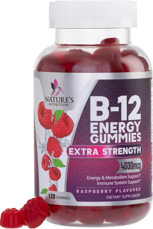Vitamin B12 Energy Gummies - 120 Gummies, Extra Strength 4500 mcg for Metabolism & Nervous System Support