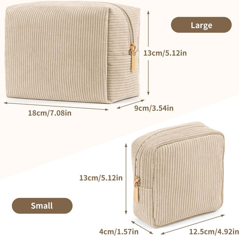 MAGEFY 2 Pcs Corduroy Makeup Bag, Small Travel Pouch with Slip-in Pockets for Women (Beige)