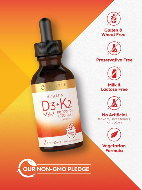 Carlyle Vitamin D3 K2 Liquid | 2 Fl Oz | MK-7 Supplement | Vegetarian, Non-GMO, Gluten Free