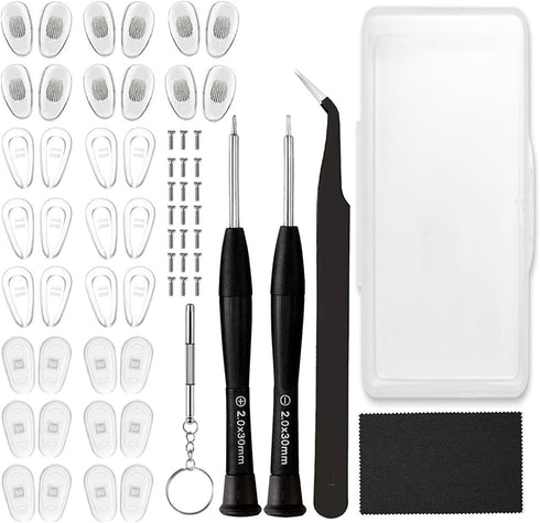 18 Pairs Eyeglass Nose Pads - Eyeglasses Repair Kit with Screwdrivers, Tweezers, Cleaning Cloth for Glasses Replacement