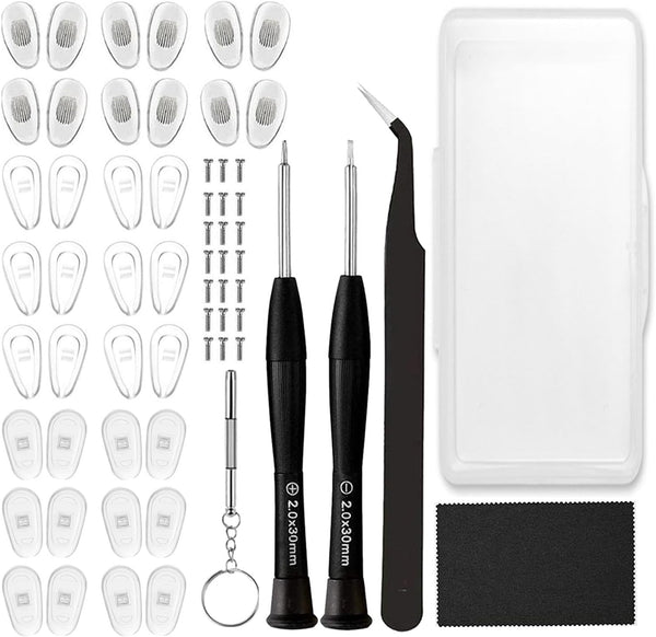18 Pairs Eyeglass Nose Pads - Eyeglasses Repair Kit with Screwdrivers, Tweezers, Cleaning Cloth for Glasses Replacement