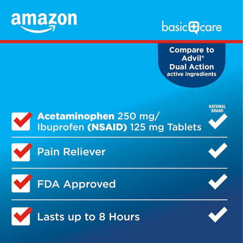Amazon Basic Care Dual Action Acetaminophen 250 mg and Ibuprofen (NSAID) 125 mg Tablets, Pain Reliever for Headache,