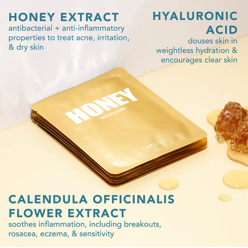 LAPCOS Honey Sheet Mask, Daily Face Mask with Antioxidants and Hyaluronic Acid to Hydrate and Tighten Dry Skin, 5-Pack