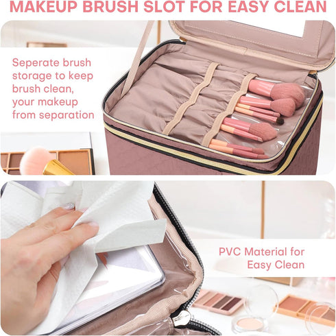 Large Makeup Bag with Mirror, Double Layer Travel Organizer Case, High Capacity Cosmetic Bag with Brush Slot Divider