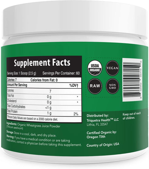 Organic Wheatgrass Juice Powder - Raw BioActive Form, Cold-Pressed, 20:1 Concentrate Juice Extract, Unflavored (5.3 oz)