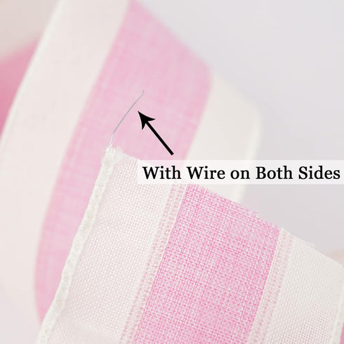 MEEDEE Pink White Stripe Wired Ribbon, 2.5 Inch, Baby Pink with Ivory Stripes for Wreaths, Garland