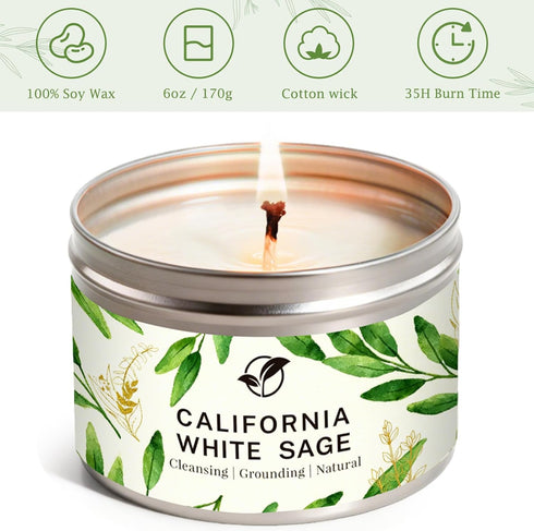 Set, 6-Pack 6oz Sage Candle Gift Natural Soy Wax Aromatherapy Scented Candles, Clean Burn & Lead-Free Cotton Wicks