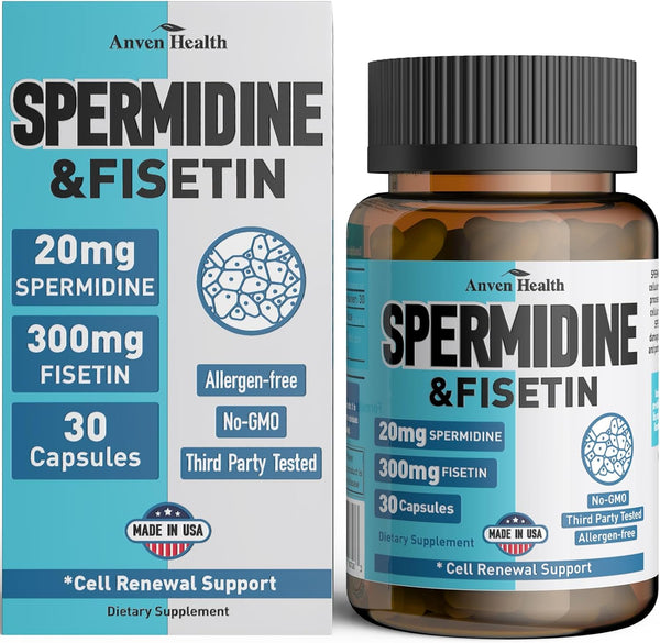 20mg Spermidine & 300mg Fisetin Supplement for Women & Men - 98% 3HCL Cell Renewal Aging Defense - 30 Capsules