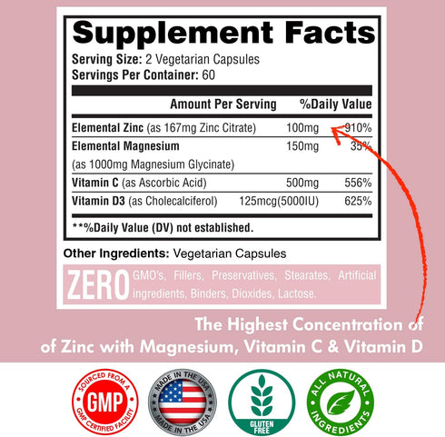 Zinc, Zinc 100mg, Magnesium Glycinate 150mg, Vitamin D3 5000 IU, Vitamin C 500mg Per Serving, Immune support, Immune Booster, Zinc Magnesium, Elemental Zinc, Antioxidant Support