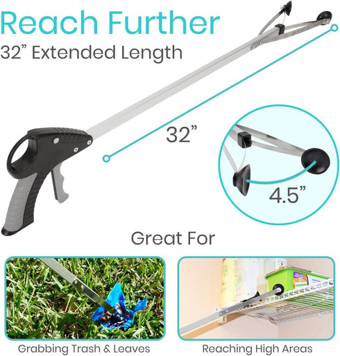 Vive 32" Suction Cup Grabber Reacher (2 Pack) - Heavy Duty Pickup Tool for Seniors - Extra Long Handle & Claw