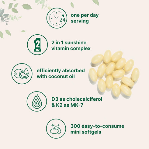 Vitamin D3 2,000 IU Plus K2 (MK-7) 50 mcg - 300 Virgin Coconut Oil Softgels for Calcium Absorption, Bone, Immune &