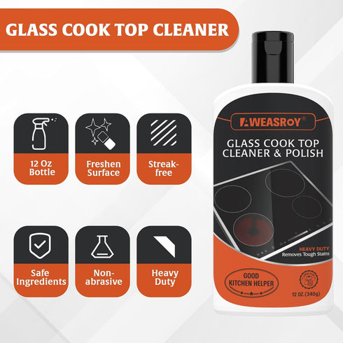 Glass Stove Top Cleaner Kit 12 oz, Non-Abrasive Cooktop Cleaner and Polish with Scrubbing Pad, Handle, Scraper, Cloth