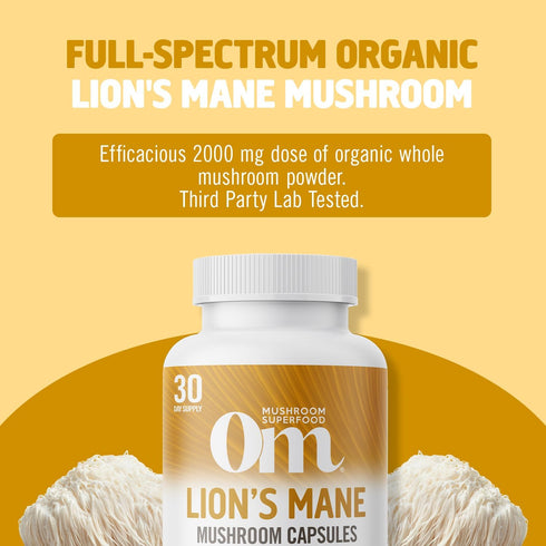 OM MUSHROOM SUPERFOOD Lion's Mane Mushroom Capsules, Superfood Supplement, 90 Count, 30 Day Supply