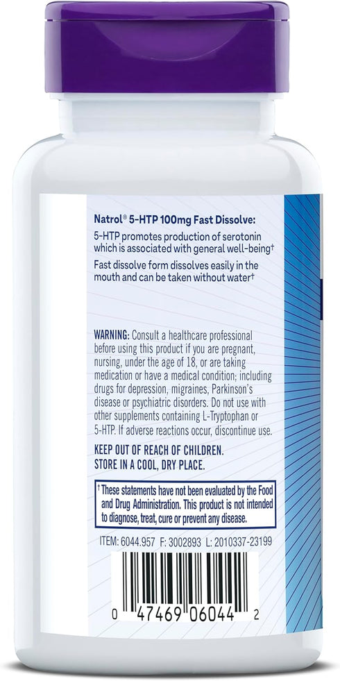 Natrol 5-HTP 100mg, Drug-Free Dietary Supplement for Balanced Mood, 30 Fast Dissolve Tablets, Mixed Berry Flavor