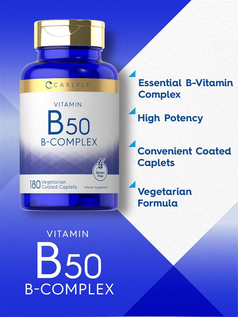 Carlyle Vitamin B50 Complex, 180 Caplets, Vegetarian, Non-GMO, Gluten Free