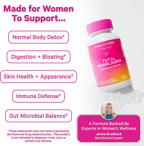 Immune 226g 75 Pink Stork Monolaurin Pellets Vegan Lauric Acid & Gut Support for Women Microbial Balance, Digestive